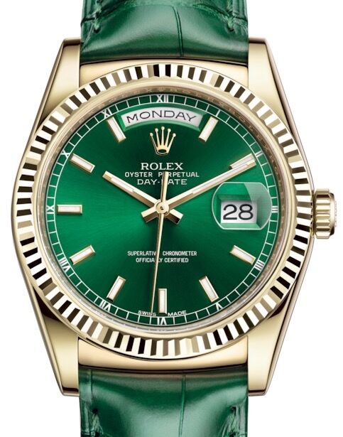 Rolex Day-Date 36 Yellow Gold Green Index Dial & Fluted Bezel