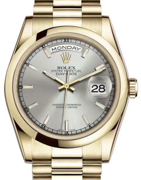 Rolex Day-Date 36 Yellow Gold Silver Index Dial & Smooth Domed