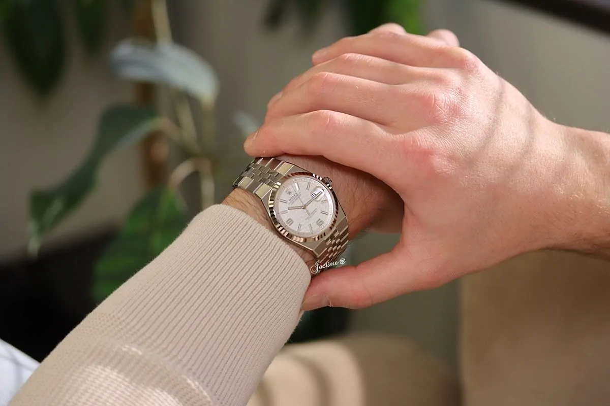 Rolex Land-Dweller 36 White Gold Steel Intense White Honeycomb Motif Dial Fluted Bezel 127234 — 3