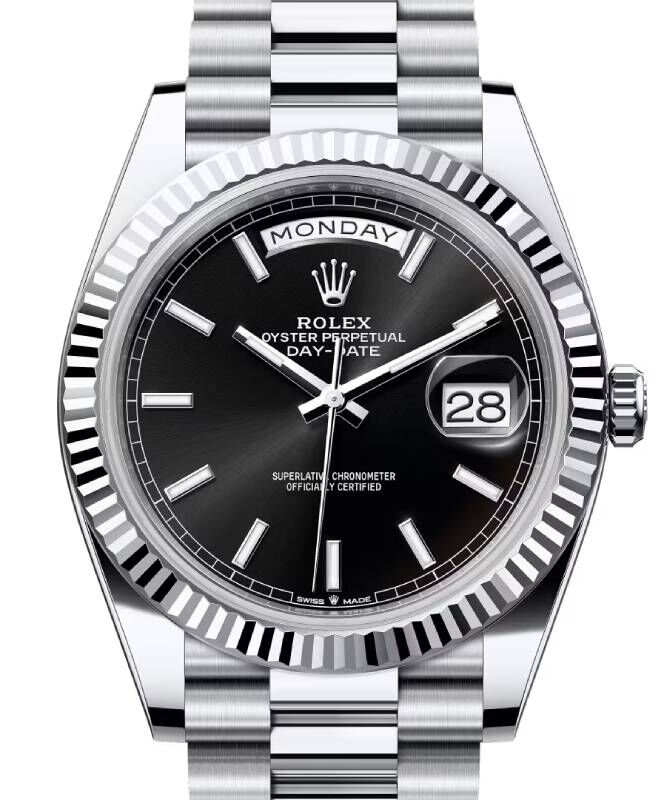 Rolex Day-Date 40 Platinum Bright Black Index Dial & Fluted Bezel