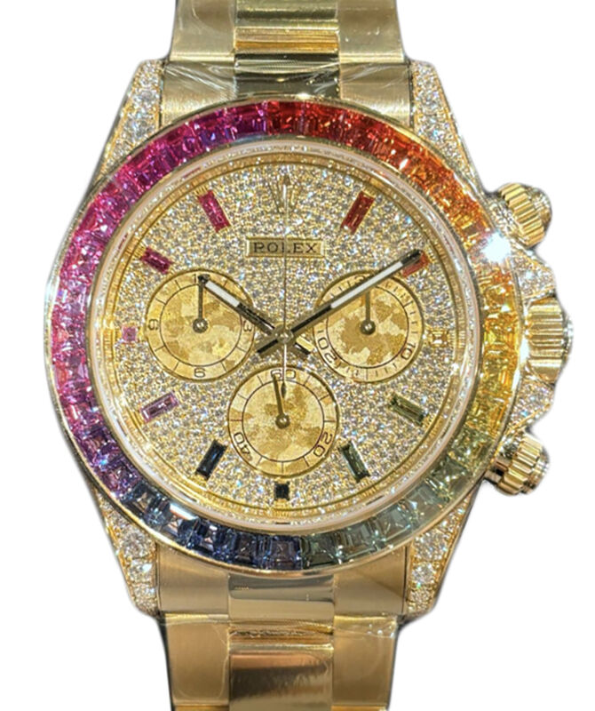 Rolex Daytona Yellow Gold Diamond Pave Dial Rainbow Bezel Oyster