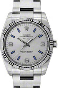 Rolex Air-King 114234-SLVBAFO Silver Blue Arabic / Index Fluted White Gold Bezel Stainless Steel Oyster 