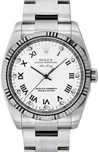 Rolex Air-King 114234-WHTDRFO White Roman Set with Diamonds Fluted White Gold Bezel Stainless Steel Oyster 