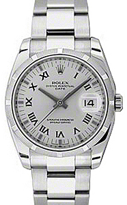 Rolex Oyster Perpetual Date 34 Stainless Steel Silver Roman Dial & Engine-Turned Bezel Oyster Bracelet 115210