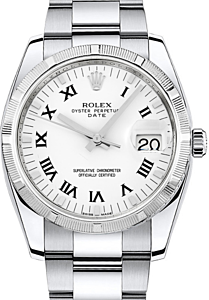 Rolex Oyster Perpetual Date 34 Stainless Steel White Roman Dial & Engine-Turned Bezel Oyster Bracelet 115210
