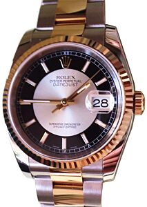 Rolex Datejust 36 116233-BKSSFO Black and Silver Index "Tuxedo" Fluted Yellow Gold Stainless Steel Oyster