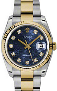 Rolex Datejust 36 116233-BLJDFO Blue Jubilee Dial Diamond Fluted Yellow Gold Stainless Steel Oyster