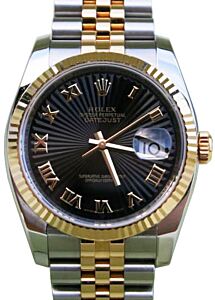 Rolex Datejust 36 116233-BLKRFJ Black Sunbeam Roman Fluted Yellow Gold Stainless Steel Jubilee