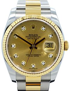Rolex Datejust 36 116233-GLDDFO Champagne Diamond Fluted Yellow Gold Stainless Steel Oyster