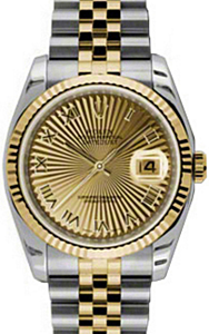 Rolex Datejust 36 116233-GLSRFJ Champagne Sunbeam Roman Fluted Yellow Gold Stainless Steel Jubilee
