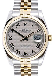 Rolex Datejust 36 116233-IVPRFJ Ivory Pyramid Roman Fluted Yellow Gold Stainless Steel Jubilee