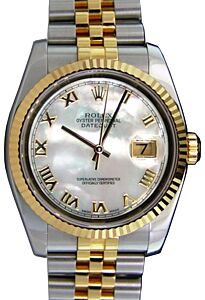 Rolex Datejust 36 116233-MOPRFJ White Mother of Pearl Roman Fluted Yellow Gold Stainless Steel Jubilee