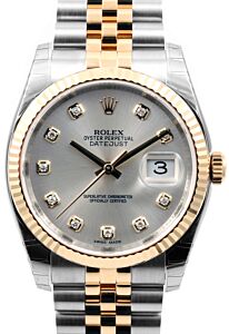 Rolex Datejust 36 116233-SLVDFJ Silver Diamond Fluted Yellow Gold Stainless Steel Jubilee 