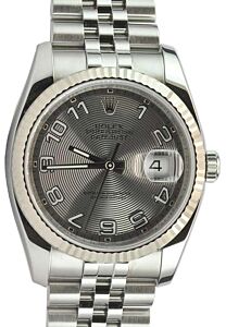 Rolex Datejust 36 116234-SVCAFJ Silver Concentric Arabic Fluted White Gold Stainless Steel Jubilee