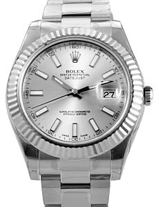 Rolex Datejust II 116334 Silver Index 18k Fluted White Gold Stainless Steel 