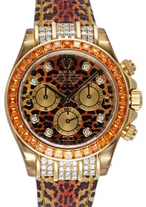 Rolex Daytona Yellow Gold "Leopard" Diamond Orange Dial Leather Strap 116598