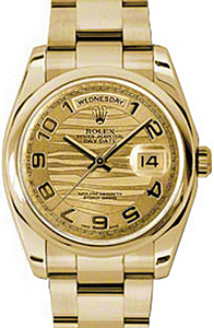 Rolex Day-Date 36 118208-GLWADO Champagne Arabic Wave Dial Yellow Gold Oyster - BRAND NEW