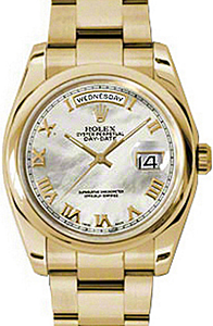 Rolex Day-Date 36 118208-MOPRDO White Mother of Pearl Roman Yellow Gold Oyster - BRAND NEW
