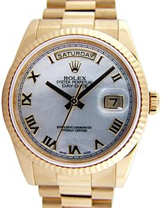Rolex Day-Date 36 White Mother of Pearl Roman Fluted Yellow Gold President 118238