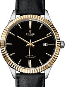 Tudor Style 12713 Black Index Fluted Yellow Gold &amp; Stainless Steel Leather 41mm BRAND NEW