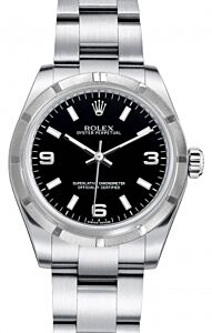 Rolex Oyster Perpetual 31 Ladies Midsize Stainless Steel Black Arabic / Index Dial Engine-Turned Bezel & Oyster Bracelet 177210 - BRAND NEW