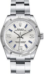 Rolex Oyster Perpetual 31 Ladies Midsize Stainless Steel Silver Arabic / Blue Index Dial Engine-Turned Bezel & Oyster Bracelet 177210 - BRAND NEW