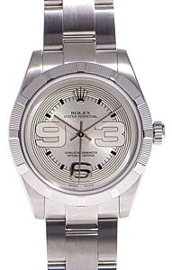 Rolex Oyster Perpetual 31 Ladies Midsize Stainless Steel Silver Maxi Arabic Dial Engine-Turned Bezel & Oyster Bracelet 177210 - BRAND NEW