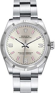 Rolex Oyster Perpetual 31 Ladies Midsize Stainless Steel Silver Arabic / Pink Index Dial Engine-Turned Bezel & Oyster Bracelet 177210 - BRAND NEW