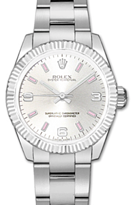 Rolex Lady-Datejust 26 177234-SVPAFO Silver Arabic Pink Index Fluted White Gold Brushed Stainless Steel Oyster - BRAND NEW