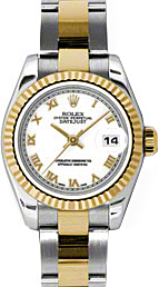 Rolex Lady-Datejust 26 179173-WHTRO White Roman Fluted Yellow Gold Stainless Steel Oyster - BRAND NEW