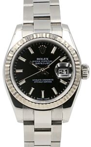 Rolex Datejust 179174 26mm Ladies Small Black Index Oyster Stainless Steel Fluted 18k White Gold