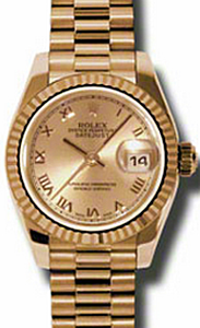 Rolex Lady-Datejust 26 179175-PNKRFP Champagne Roman Fluted Rose Gold President - BRAND NEW