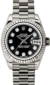 Rolex Lady-Datejust 26 179179-BLKDP Black Diamond Fluted White Gold President - BRAND NEW