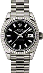 Rolex Lady-Datejust 26 179179-BLKSP Black Index Fluted White Gold President - BRAND NEW