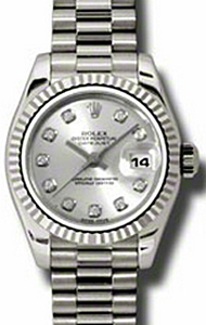 Rolex Lady-Datejust 26 179179-SLVDFP Silver Diamond Fluted White Gold President - BRAND NEW