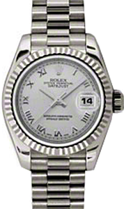 Rolex Lady-Datejust 26 179179-SLVRP Silver Roman Fluted White Gold President - BRAND NEW
