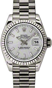 Rolex Lady-Datejust 26 179179-SLVSP Silver Index Fluted White Gold President - BRAND NEW