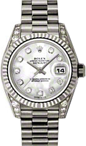 Rolex Lady-Datejust 26 179239-MOPDP White Mother of Pearl Diamond Dial Diamond Set Fluted White Gold President - BRAND NEW