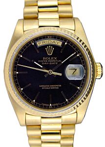 Rolex Day-Date President 18038 Men's 36mm Black Index Fluted 18k Yellow Gold President