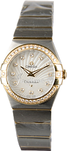 Omega Constellation Quartz 123.25.27.60.55.004 27mm White Mother of Pearl Guilloche Diamond Yellow Gold Stainless Steel BRAND NEW
