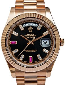 Rolex Day-Date II Rose Gold 41mm Ruby Diamond Baguette Dial Fluted Bezel President Bracelet 218235 