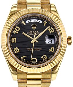 Rolex Day-Date II Yellow Gold 41mm Black Arabic Wave Dial Fluted President Bracelet 218238