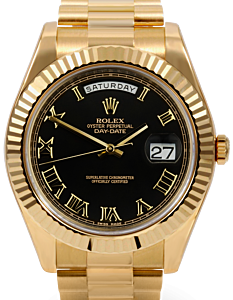 Rolex Day-Date II Yellow Gold 41mm Black Roman Fluted President Bracelet 218238 