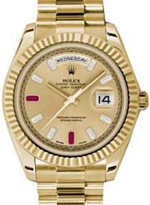 Rolex Day-Date II Yellow Gold 41mm Champagne Baquette Diamonds Ruby Fluted President Bracelet 218238 