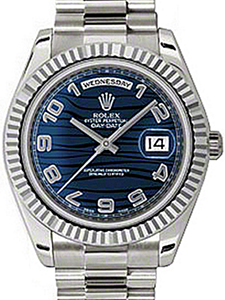 Rolex Day-Date II 41mm Blue Arabic Wave Dial Fluted White Gold President 218239