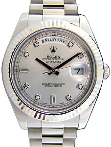 Rolex Day-Date II 218239-SLVDFP 41mm Silver Diamond Fluted White Gold President 