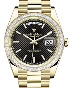 Rolex Day-Date 40 Yellow Gold Black Diagonal Motif Index Dial & Baguette Diamond Bezel President Bracelet 228398TBR - BRAND NEW