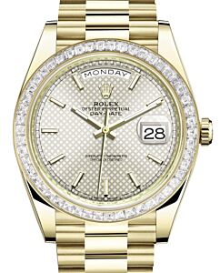 Rolex Day-Date 40 Yellow Gold Silver Motif Index Dial & Baguette Diamond Bezel President Bracelet 228398TBR - BRAND NEW