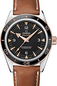 Omega Seamaster 300 Master Co-Axial Chronometer 41mm Steel/Sedna Gold Black Dial Leather Strap 233.22.41.21.01.002 - BRAND NEW