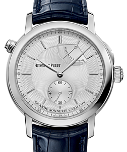 Audemars Piguet 26344PT.OO.D028CR.01 Jules Audemars Grande Sonnerie Carillon 39mm Silver Guilloche Index Platinum Leather BRAND NEW